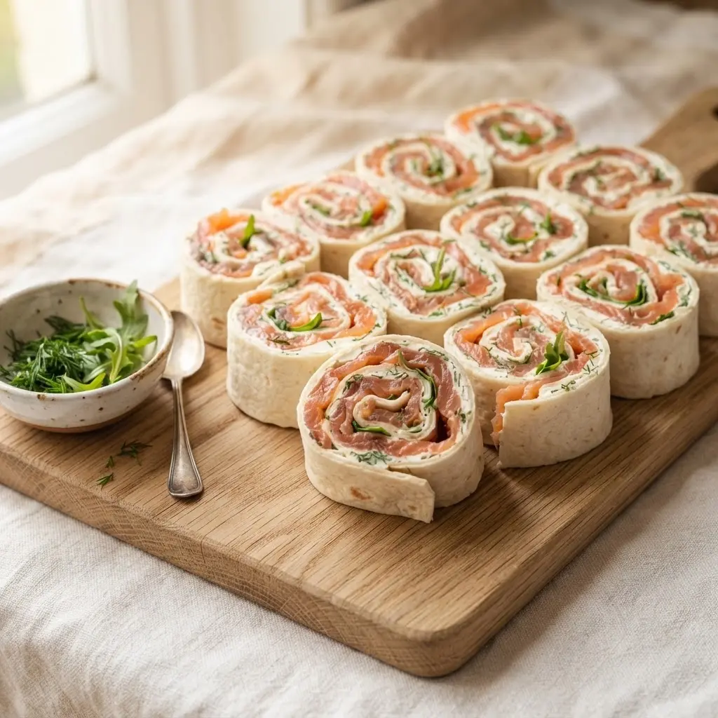 Lachs-Frischkäse-Röllchen auf Holzbrett — cremige Wrap-Spiralen mit Räucherlachs und Kräuterfrischkäse als Fingerfood