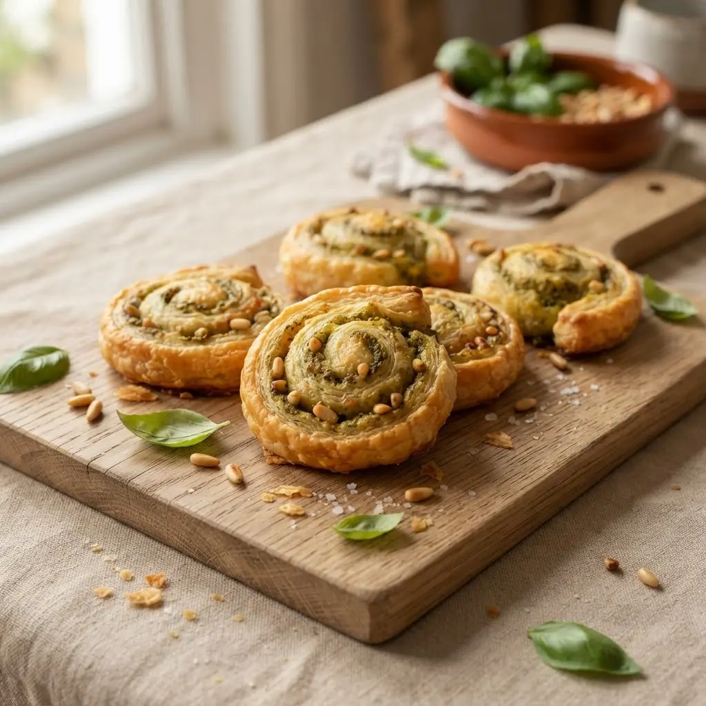 Goldbraune Blätterteigschnecken mit Pesto auf Holzbrett, Nahaufnahme mit Basilikumblättern