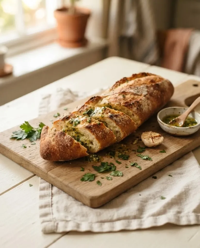 Baguette mit Kräuterbutter im Backofen