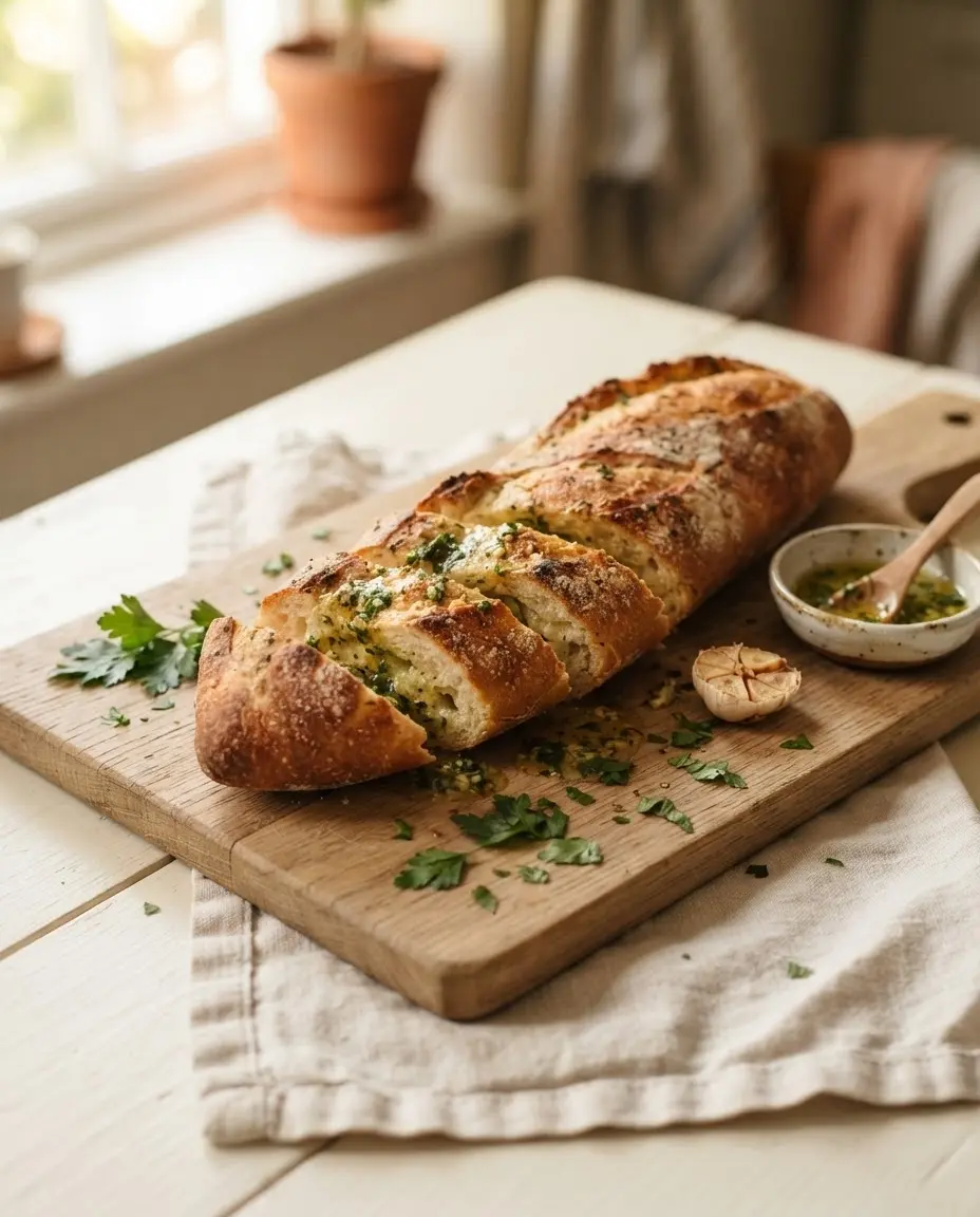 Baguette mit Kräuterbutter im Backofen