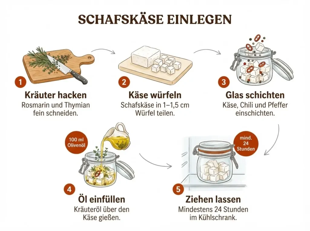 Schritt-für-Schritt-Infografik: Schafskäse in Olivenöl einlegen in 5 Schritten illustriert
