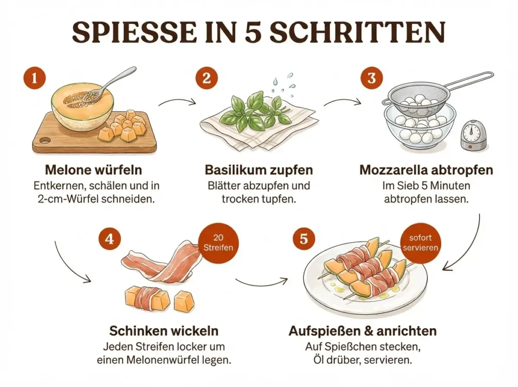  Schinken-Melonen-Spieße mit Mozzarella und Basilikum auf einer hellen Servierplatte, Olivenöl beträufelt.