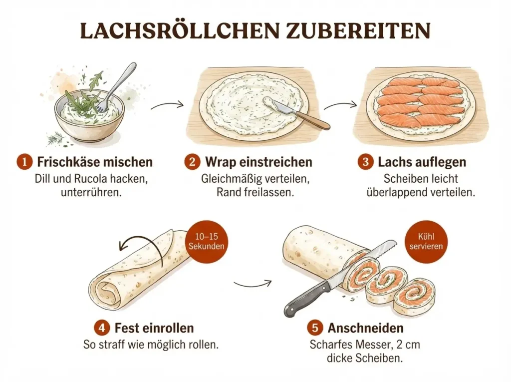 Schritt-für-Schritt-Infografik für Lachs-Frischkäse-Röllchen: 5 illustrierte Panels von der Zubereitung bis zum Anschnitt