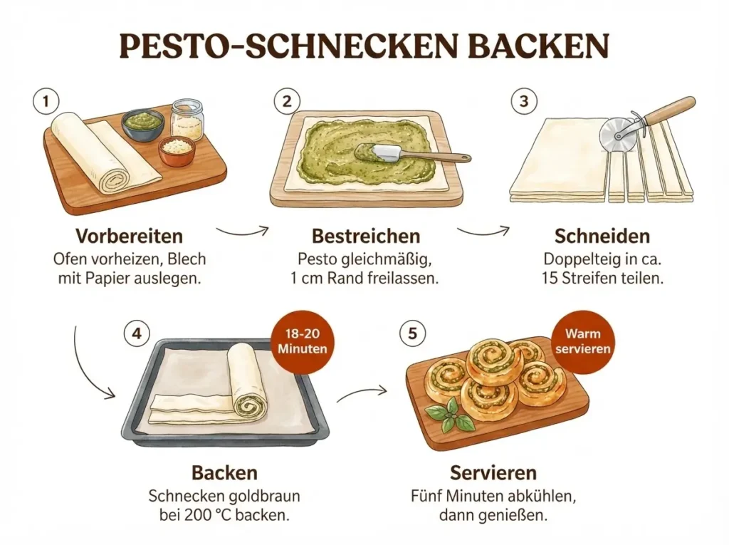 Illustrierte Schritt-für-Schritt Infografik: Blätterteigschnecken mit Pesto in fünf Schritten