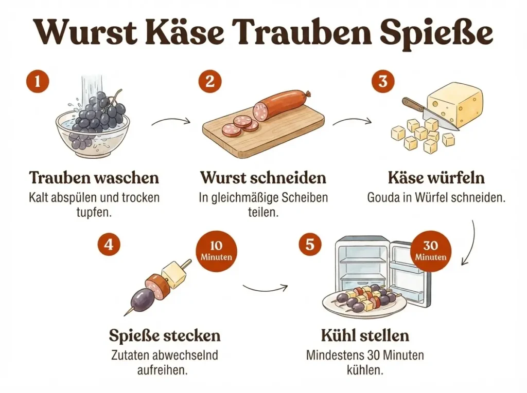 Schnelle Wurst Käse Trauben Spieße