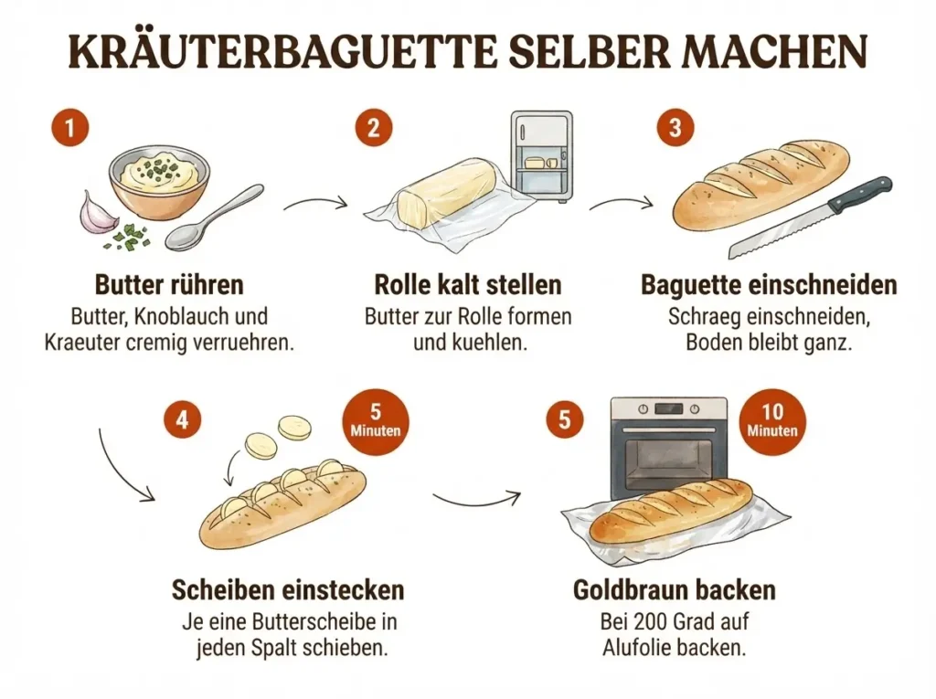 Baguette mit Kräuterbutter im Backofen