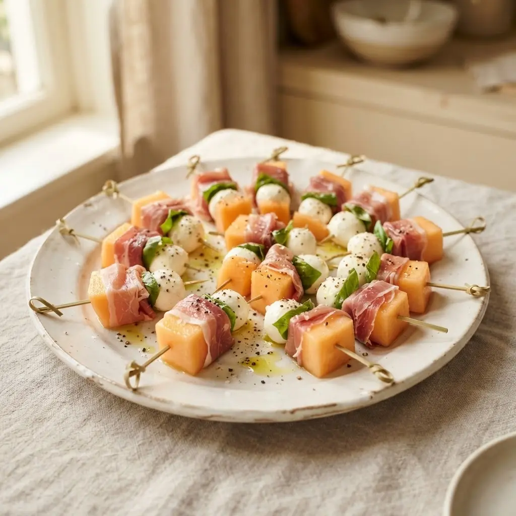  Fünf fertige Schinken-Melonen-Spieße mit Mozzarella und Basilikum auf weißer Platte, Nahaufnahme.