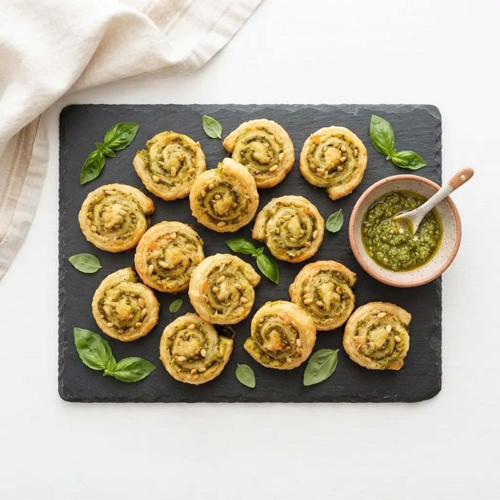 Blätterteigschnecken mit Pesto von oben auf Schieferplatte, Buffet-Anrichten mit Pesto-Dip
