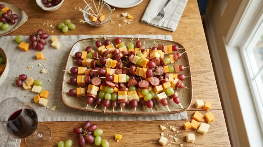 Schnelle Wurst Käse Trauben Spieße