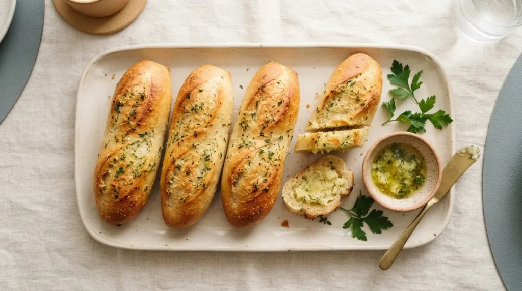 Baguette mit Kräuterbutter im Backofen