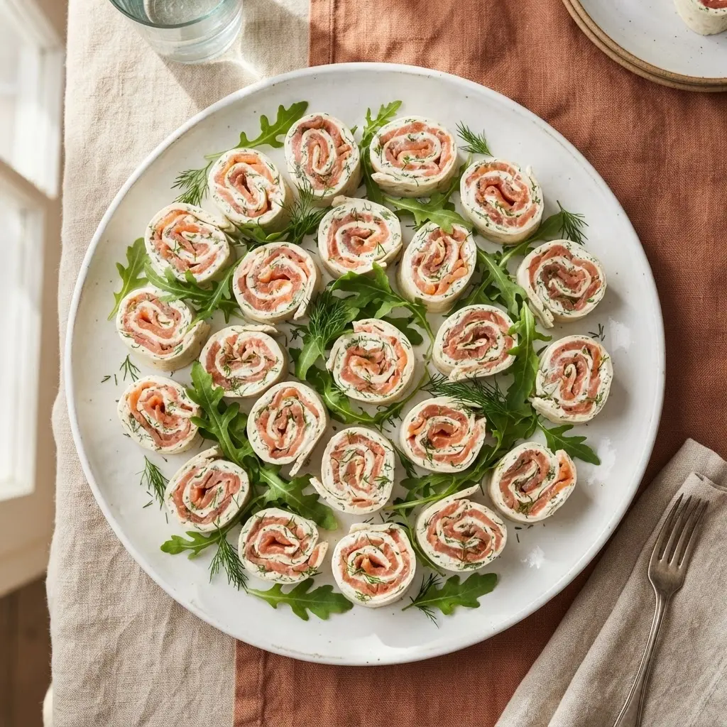 Servierteller mit ca. 25 Lachs-Frischkäse-Röllchen von oben — mit Rucola und Dill garniert, bereit fürs Buffet