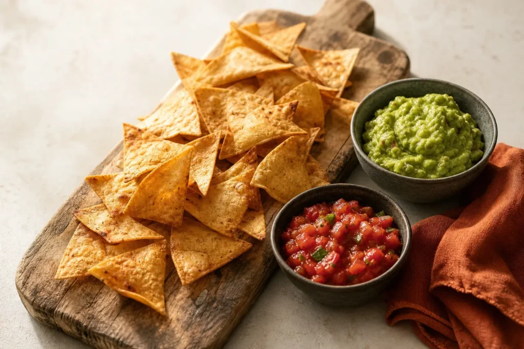 Selbst gemachte Tortilla-Chips mit Guacamole und Hot Salsa auf rustikaler Holzplatte, Draufsicht