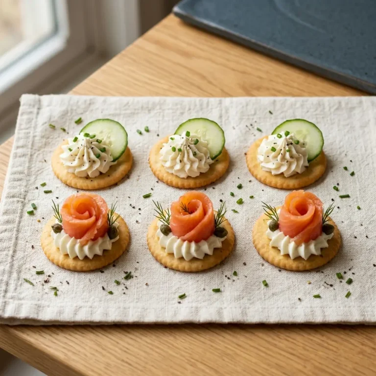 Frischkäse-Cracker mit Gurke und Lachs auf einem Leinentuch – Fingerfood in 15 Minuten