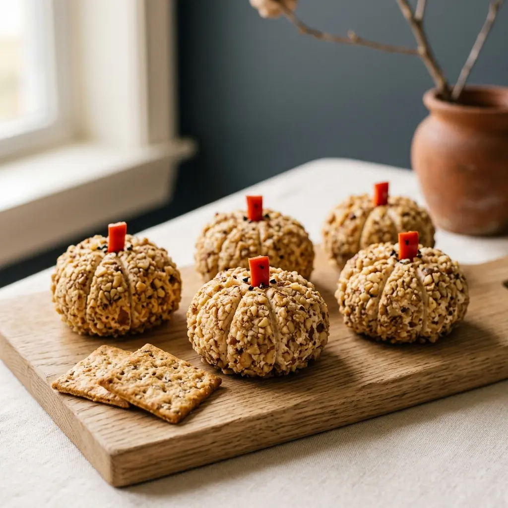 Kürbis-Frischkäse-Bällchen mit Nuss-Hülle und Paprikastrunk auf hellem Holzbrett, Herbst-Fingerfood