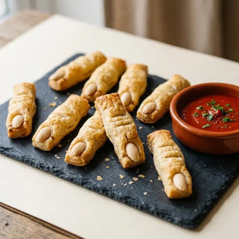 Hexenfinger aus Blätterteig herzhaft mit Mandelnägeln und Tomatendip auf dunklem Schiefer