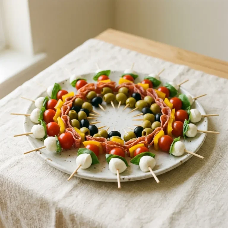 Antipasti-Spieße mit Mozzarella, Salami, Tomaten, Paprika und Oliven auf weißem Teller
