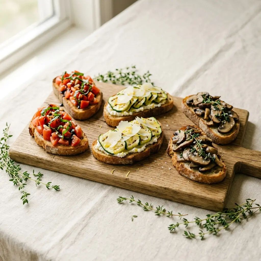 Bruschetta-Platte mit drei Toppings: Tomate-Basilikum, Zucchini-Parmesan und Champignon-Thymian auf Holzbrett