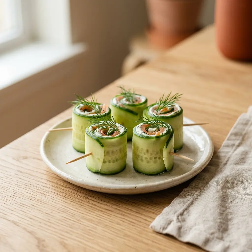 Gurken-Lachs-Röllchen mit Frischkäse-Füllung und Dill auf cremefarbener Servierplatte, Fingerfood