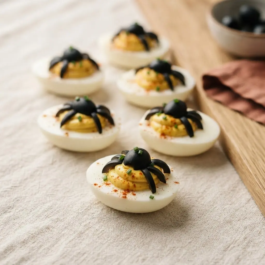 Spinnen-Eier mit Senfcreme auf hellem Untergrund – Halloween-Fingerfood mit Olivenspinnen