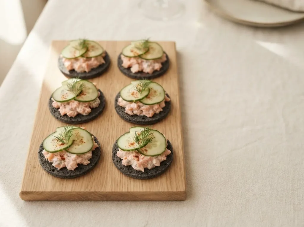 Lachstatar auf Pumpernickel mit Gurkenscheiben und Dill auf hellem Holzbrett, Nahaufnahme