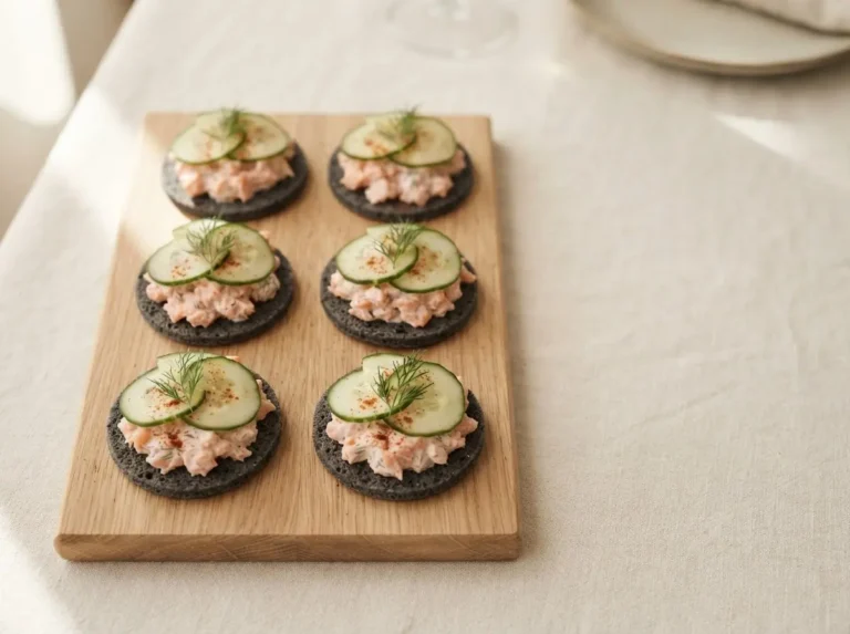 Lachstatar auf Pumpernickel mit Gurkenscheiben und Dill auf hellem Holzbrett, Nahaufnahme