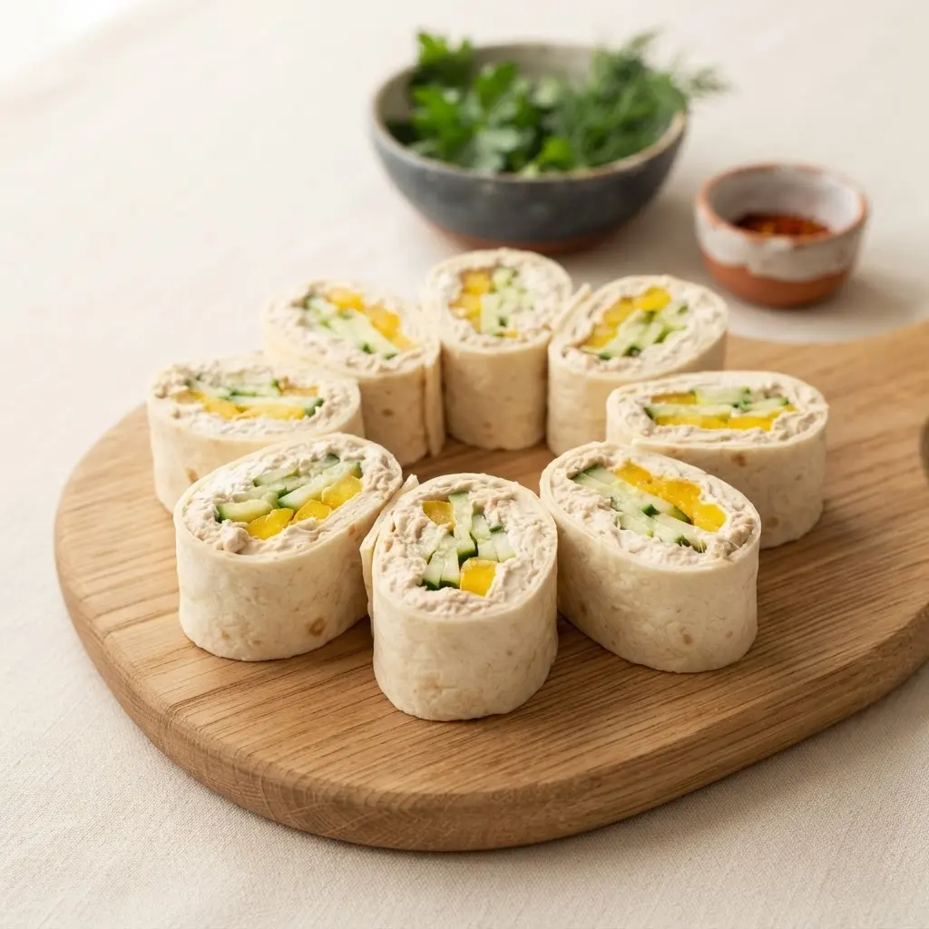 Große Holzplatte mit vielen Tortilla Röllchen mit Frischkäse für das Buffet, Draufsicht