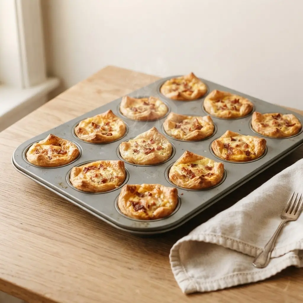 Mini Quiche Lorraine aus der Muffinform — goldbrauner Blätterteig mit cremiger Speck-Käse-Füllung