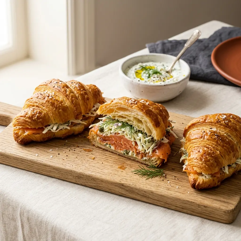 Herzhafte Lachs-Croissants aus Blätterteig mit Weißkrautsalat auf einem hellen Brett, angeschnitten