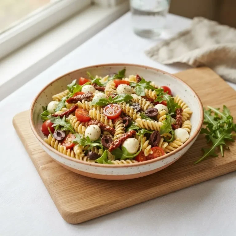 Mediterraner Nudelsalat mit Rucola, Kirschtomaten und Mozzarella in einer Schüssel fürs Buffet.
