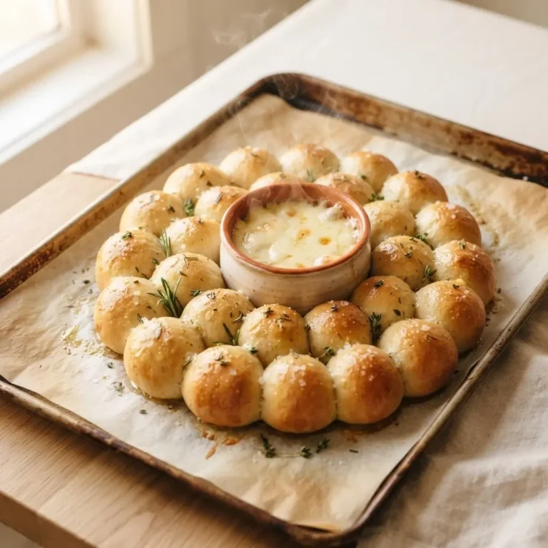 Goldbrauner Pizzateig-Partykranz mit cremigem Käsefondue in der Mitte auf hellem Untergrund