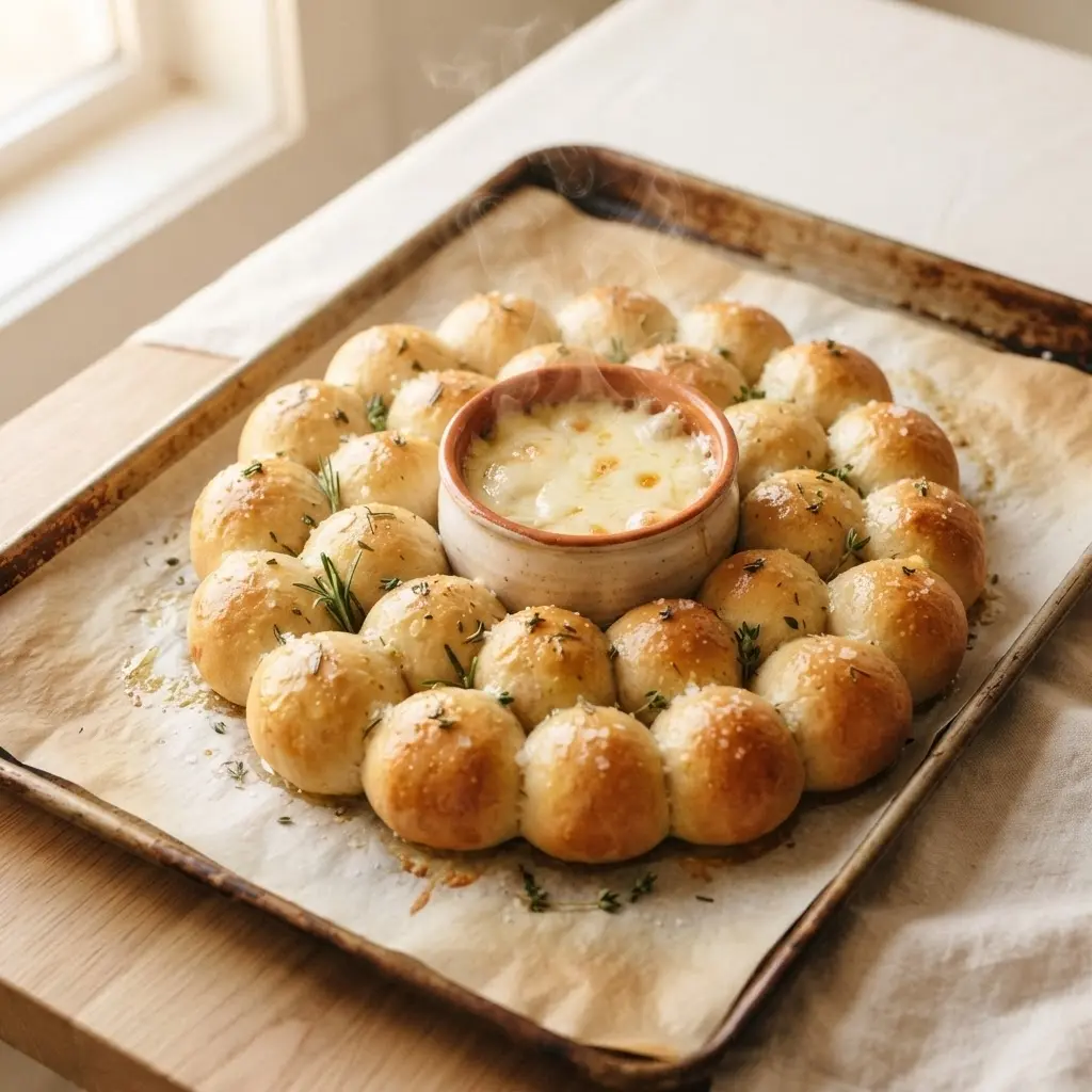 Goldbrauner Pizzateig-Partykranz mit cremigem Käsefondue in der Mitte auf hellem Untergrund