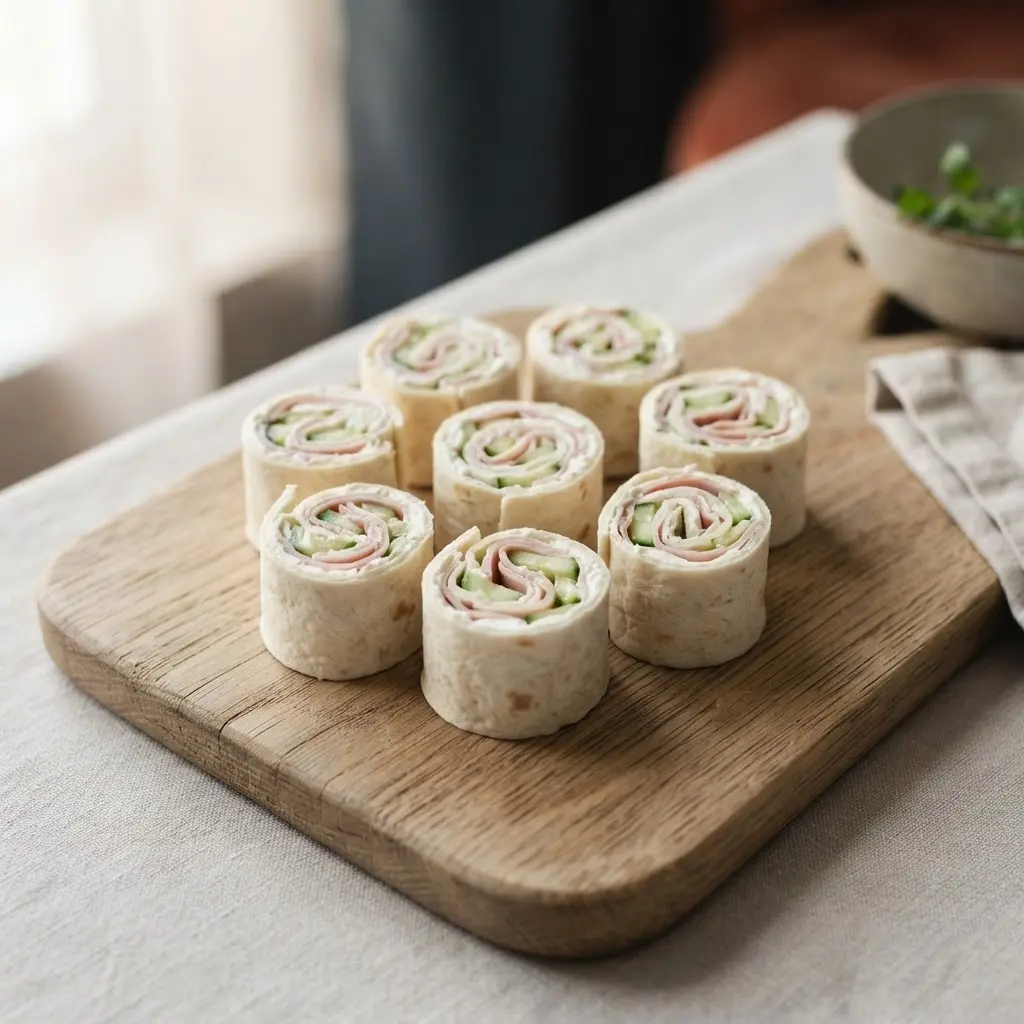 Tortilla-Röllchen mit Frischkäse, Kochschinken und Gurke auf hellem Holzbrett, aufgeschnitten und aufrecht stehend.