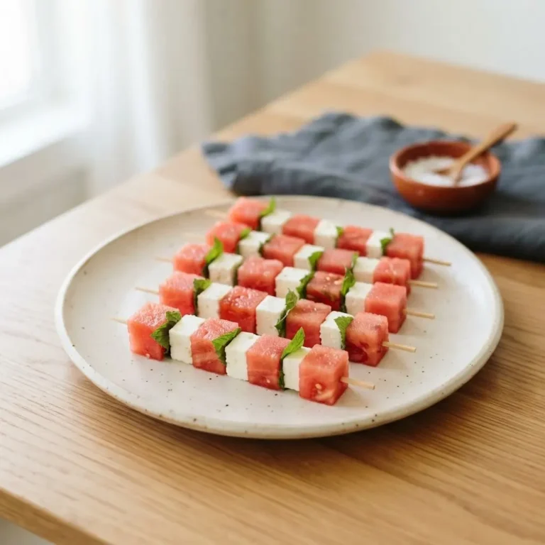 Melonen-Feta-Spieße mit Minze auf einem hellen Teller — erfrischendes Fingerfood für die Party
