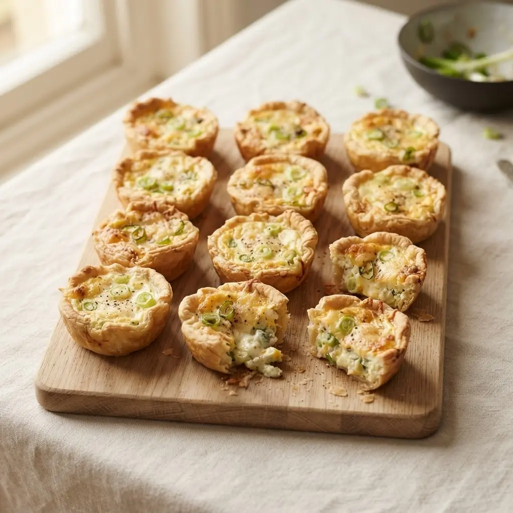 Mini-Quiche aus der Muffinform à la Flammkuchen mit Schinken, Käse und Frühlingszwiebeln auf Holzbrett