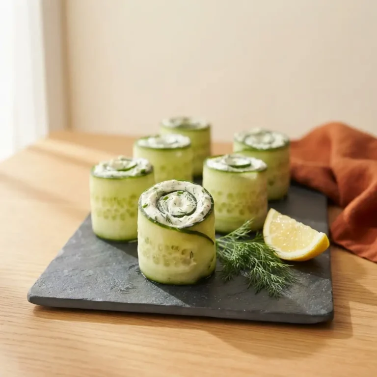 Gurkenröllchen mit Frischkäse-Dill-Füllung auf Schieferplatte, garniert mit Dill