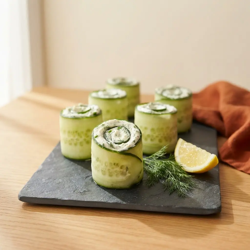 Gurkenröllchen mit Frischkäse-Dill-Füllung auf Schieferplatte, garniert mit Dill