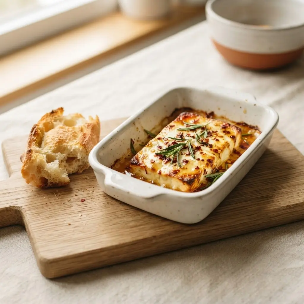 Ofen-Feta mit Honig und Chiliflocken in einer Auflaufform, goldbraun karamellisiert