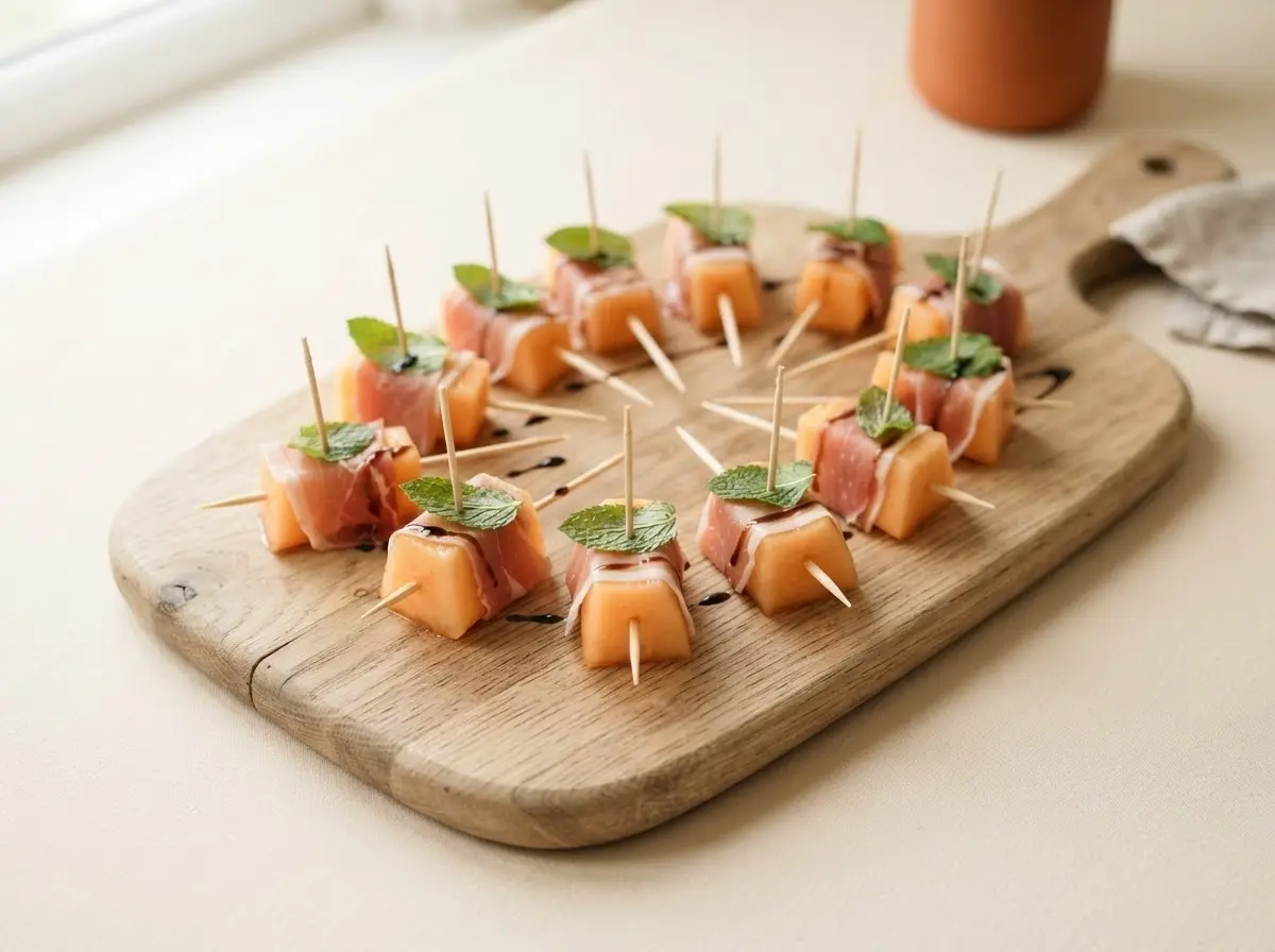 Schinken-Melonen-Spieße auf Holzplatte mit Minze und Balsamico – Fingerfood fürs Sommerbuffet