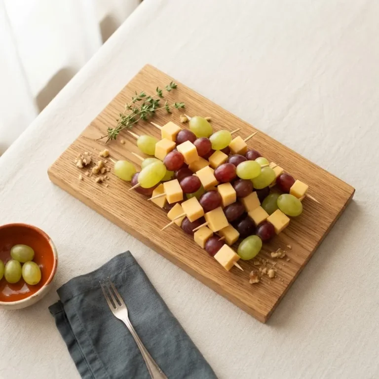 Trauben-Käse-Spieße mit hellen und dunklen Weintrauben und Gouda-Würfeln auf einer Holzplatte