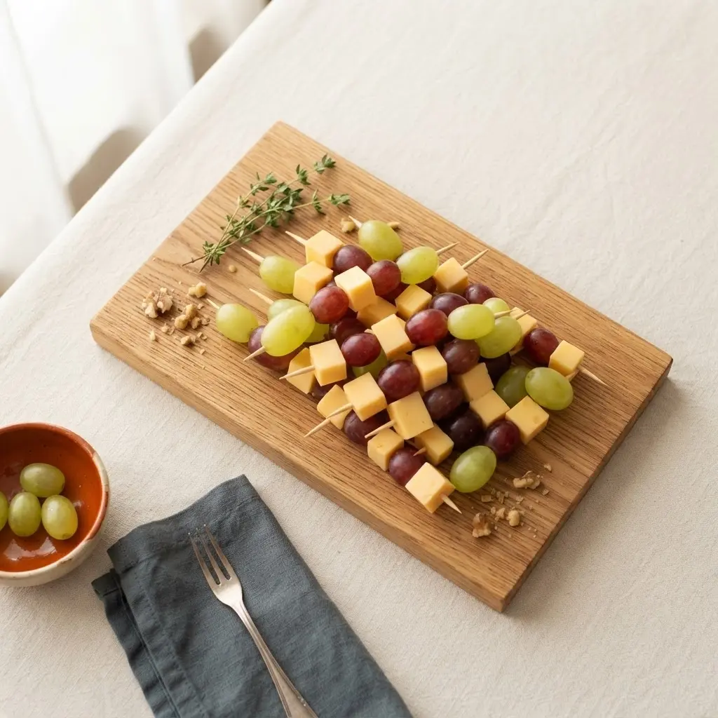 Trauben-Käse-Spieße mit hellen und dunklen Weintrauben und Gouda-Würfeln auf einer Holzplatte