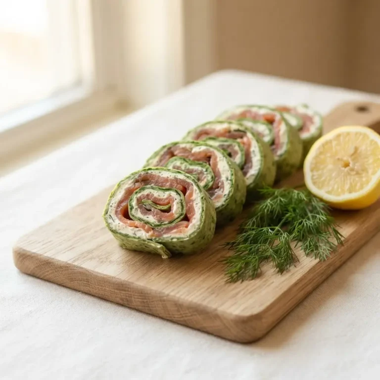 Aufgeschnittene Spinat-Lachs-Rolle mit Frischkäse auf hellem Holzbrett – grüne Spirale mit Räucherlachs-Füllung