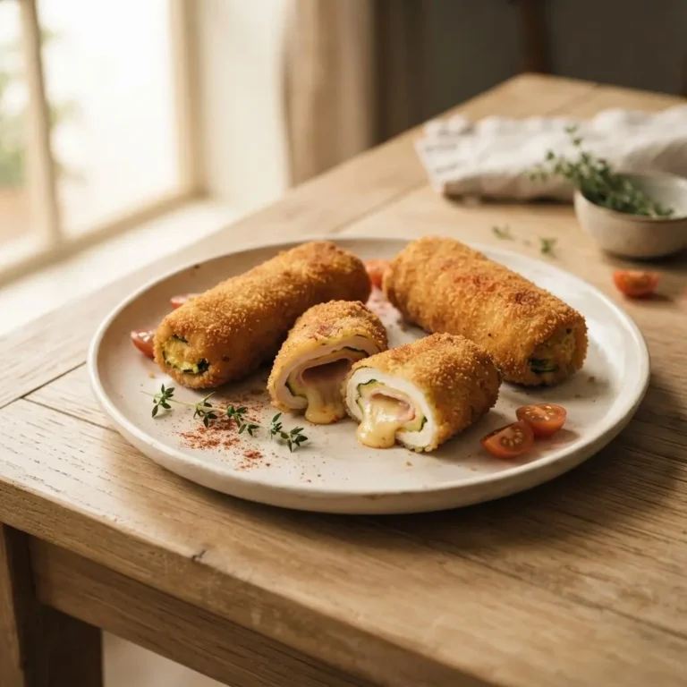 Zucchini-Cordon-Bleu auf Teller, aufgeschnitten mit sichtbar geschmolzenem Käse und Kochschinken