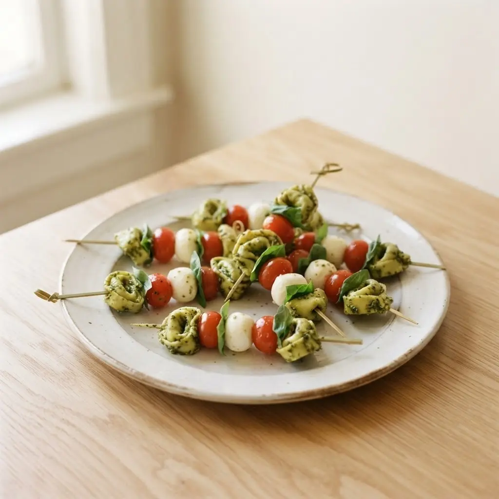 Tortellini-Spieße mit Pesto, Kirschtomaten und Mini-Mozzarella auf heller Keramikplatte, Seitenansicht