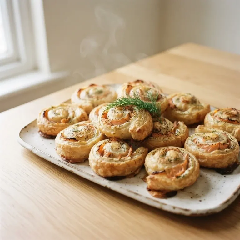 Goldbraune Blätterteig-Räucherlachs-Röllchen auf cremefarbenem Tablett mit Dill, Draufsicht
