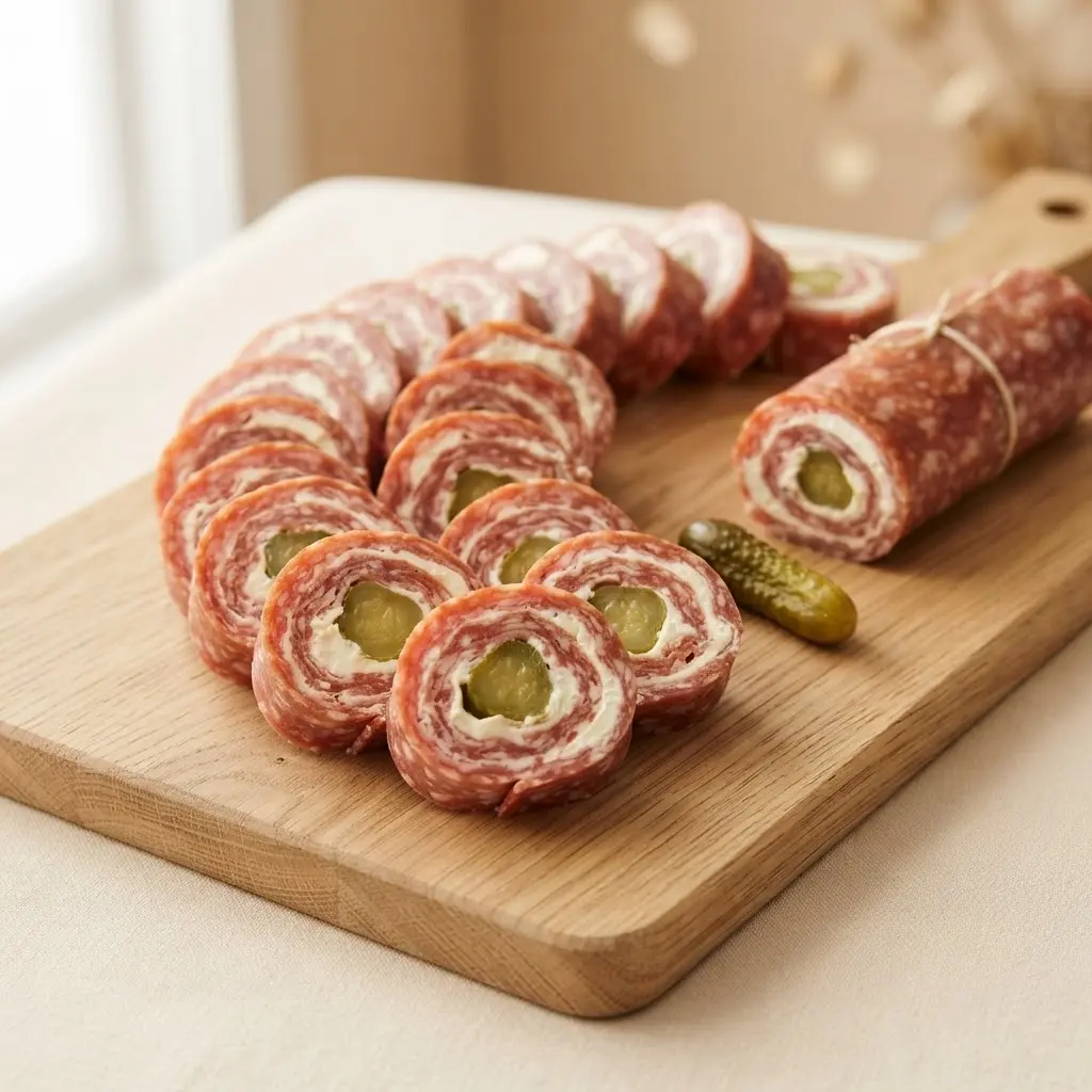 Salami-Frischkäse-Röllchen auf Holzplatte buffetfertig angerichtet, von oben, mit Dill und Gewürzgurken
