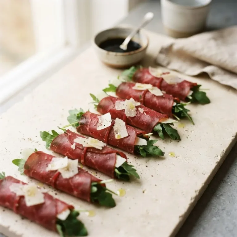 Zwanzig Bresaola Röllchen mit Rucola Parmesan auf Schieferplatte, Buffet Antipasto Fingerfood
