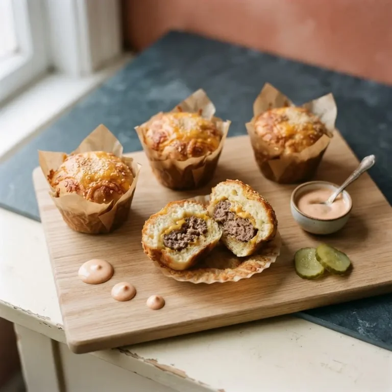 Goldbraune Cheeseburger Muffins mit Pizzateig auf Holzbrett, einer aufgeschnitten mit sichtbarer Hackfleischfüllung