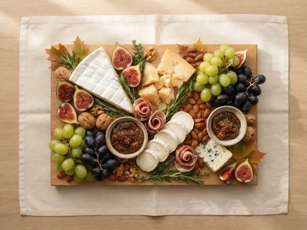 Herbstliches Käsebrett mit Brie, Gruyère, Feigen, Weintrauben und Walnüssen von oben
