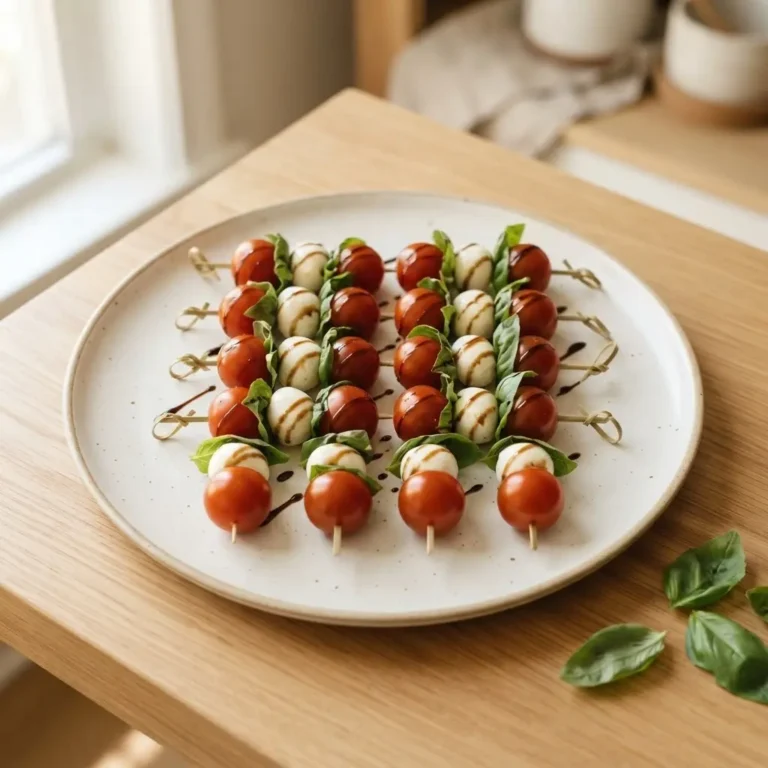 Caprese-Spieße mit Cherrytomaten, Mini-Mozzarella und Basilikum auf weißem Teller mit Balsamico-Creme
