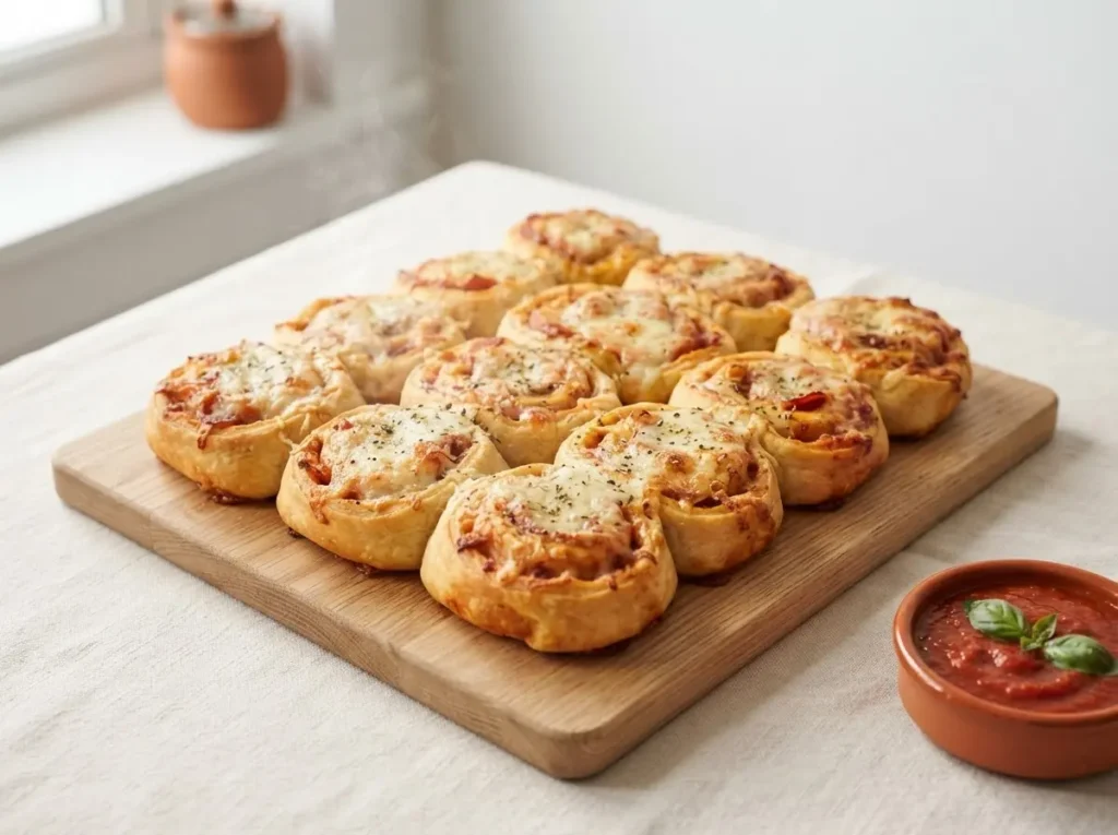 Goldbraune Pizzaschnecken mit Pizzateig und Käse auf einem hellen Holzbrett von oben fotografiert.